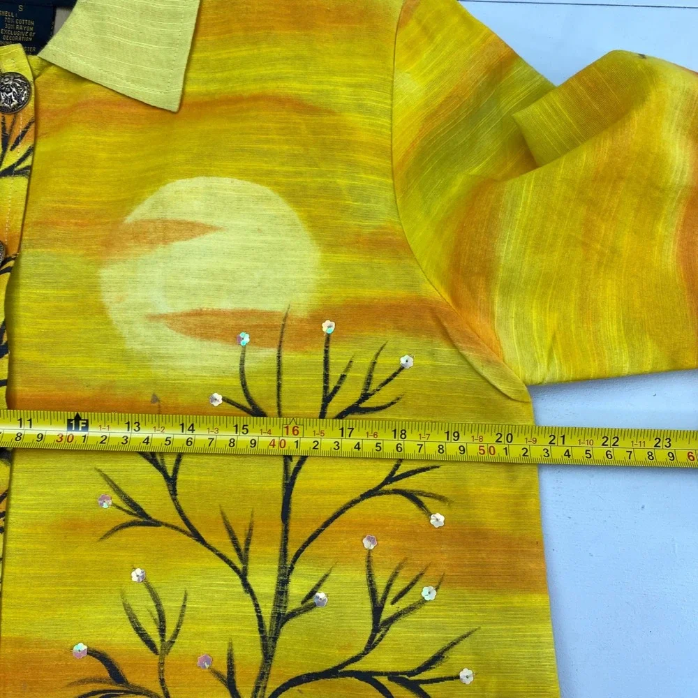 Alex Kim Sunset‎ Landscape Jacket Womens Small Yellow Sequin Wearable Art Button
